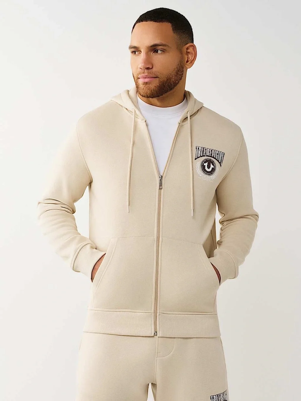 True Religion Cream Full-Zip Hooded Sweatshirt with Chest Patch